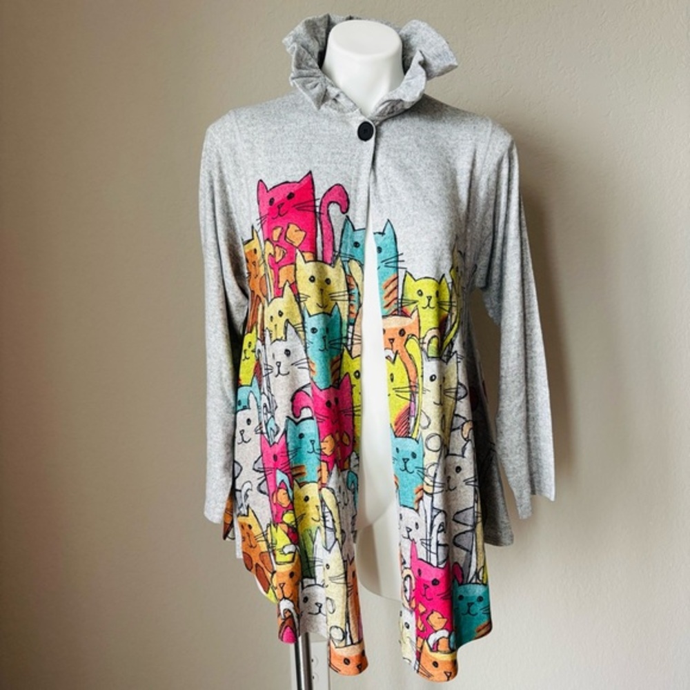 Et Lois Cat Cardigan Stand Up Ruffle‎ Collar Open Front Long Sleeve Multicolor M